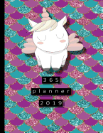 365 Planner: Large Pink Cute Unicorn on Mermaid Scale Background Organiser Planner 2019 Professional Diary