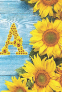 A: Sunflower Personalized Initial Letter A Monogram Blank Lined Notebook, Journal and Diary with a Rustic Blue Wood Background