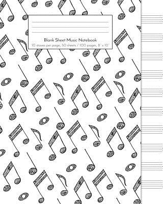 Blank Sheet Music Notebook: 10 Staves Per Page, 50 Sheets / 100 Pages, 8" X 10," Matte: Detailed Black and White Doodle Music Notes - Vivid Ink Vault