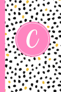 C: Confetti Polka Dot Letter C Monogram Personalized Journal, Black White & Pink Monogrammed Notebook, Lined 6x9 Inch College Ruled 120 Page Perfect Bound Glossy Soft Cover