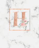 Dotted Journal: Dotted Grid Bullet Notebook Journal Rose Gold Monogram Letter H Marble with Pink Flowers (7.5