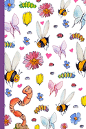 Garden Friends: 6" x 9" 120 page Wide-Rule Lined Page Journal with Honey Bees, Caterpillars, Worm, Ladybugs, Roly Polies, Butterflies, Flowers, and Hearts