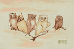 [Five Owls Perched on Branch].
