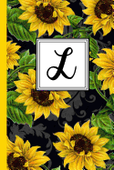 L: Floral Letter L Monogram Personalized Journal, Black & Yellow Sunflower Pattern Monogrammed Notebook, Lined 6x9 Inch College Ruled 120 Page Perfect Bound Glossy Soft Cover
