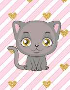 Notebook: Cute Grey Cat, Gold & Pink Stripes Glitter Heart Girly Notebook, Large Size - Letter/A4, Wide Ruled