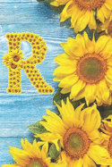 R: Sunflower Personalized Initial Letter R Monogram Blank Lined Notebook, Journal and Diary with a Rustic Blue Wood Background