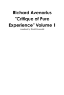 Richard Avenarius: "Critique of Pure Experience" Volume 1