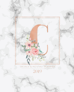 Weekly & Monthly Planner 2019: Rose Gold Monogram Letter C Marble with Pink Flowers (7.5 X 9.25") Horizontal at a Glance Personalized Planner for Women Moms Girls and School