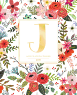 Weekly & Monthly Planner 2019: White Florals with Red and Colorful Flowers and Gold Monogram Letter G (7.5 X 9.25") Horizontal at a Glance Personalized Planner for Women Moms Girls and School